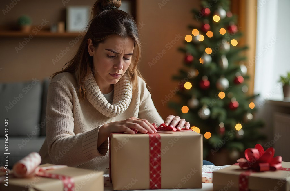 Mom struggling to finish wrapping gifts for children before Christmas Mom struggling to finish wrapping gifts for children before Christmas
