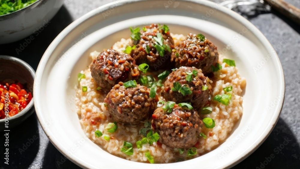 Meatballs with porridge sprinkled with fresh herbs. Meatballs with porridge sprinkled with fresh herbs.