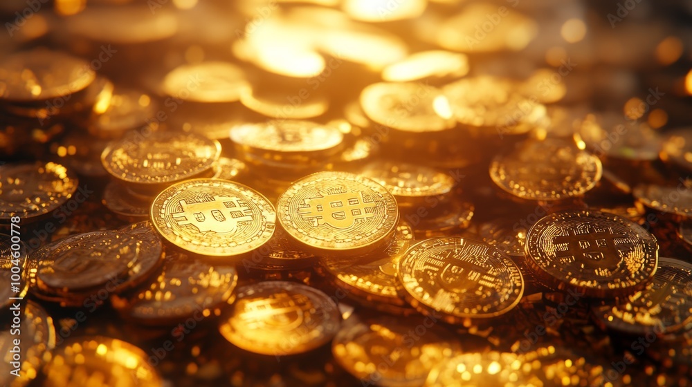 A close-up view of shiny gold coins depicting cryptocurrency, illuminated by soft light. A close-up view of shiny gold coins depicting cryptocurrency, illuminated by soft light.