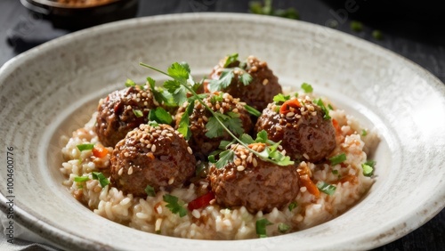 Meatballs with porridge sprinkled with fresh herbs.