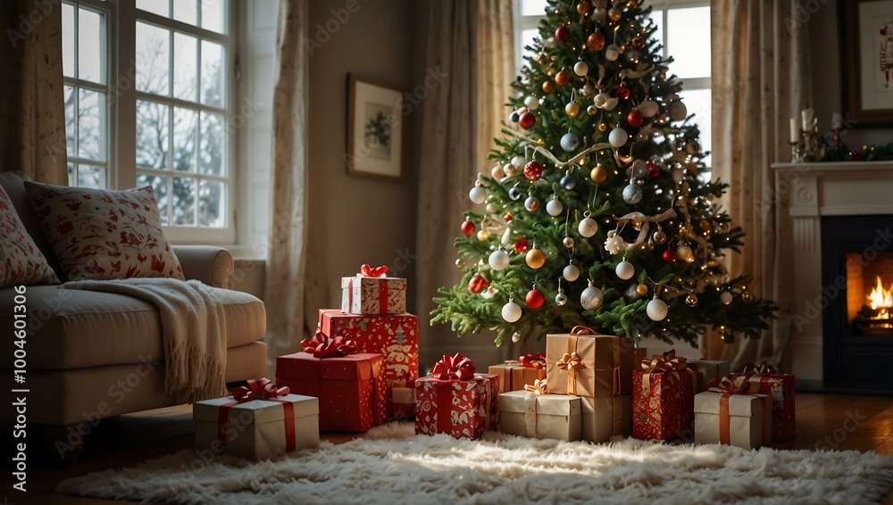 A winter afternoon spent by the Christmas tree, with decorations and gifts nearby. A winter afternoon spent by the Christmas tree, with decorations and gifts nearby.