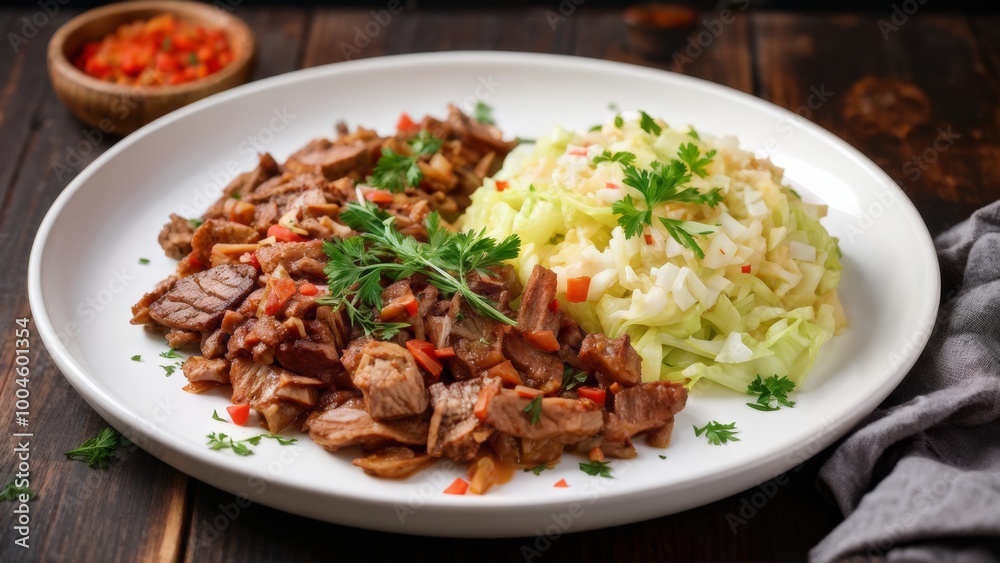 Tender meat dishes are combined with a crispy and refreshing cabbage salad. This healthy dish made from nutritious ingredients is ideal for children, it is fragrant and easy to digest. Tender meat dishes are combined with a crispy and refreshing cabbage salad. This healthy dish made from nutritious ingredients is ideal for children, it is fragrant and easy to digest.