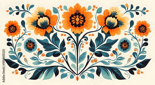 A decorative floral design with traditional Polish folk motifs, featuring stylized flowers in orange and teal on an off-white background.