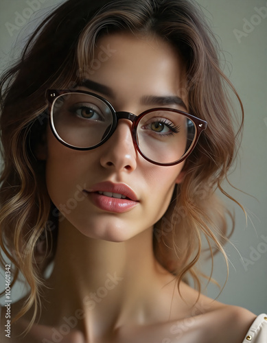 Beautiful woman with glasses. Created with AI. High quality upscale and postproduction.