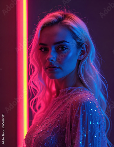 Beautiful woman in neon light. Created with AI. High quality upscale and postproduction.