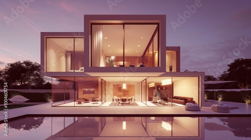 Modern House with Pool at Dusk