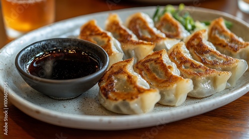 A plate of pan-fried dumplings, with a side of soy sauce.