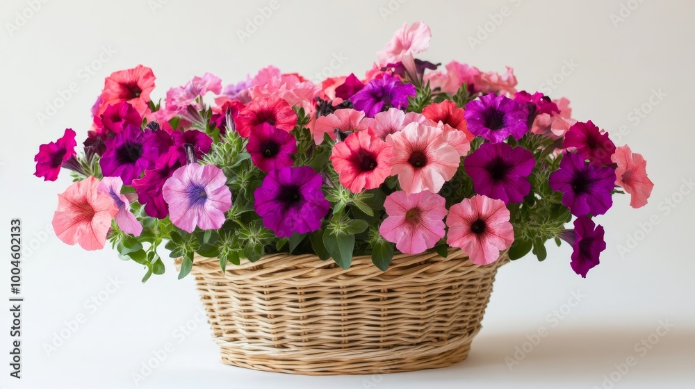 Wicker basket overflowing with colorful petunias on white background Wicker basket overflowing with colorful petunias on white background