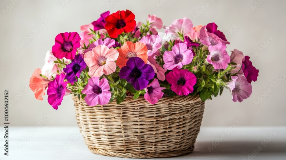 Colorful petunias blooming in a wicker basket on a table Colorful petunias blooming in a wicker basket on a table