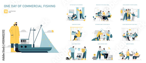 One Day Of Commercial Fishing. Flat Vector Illustration