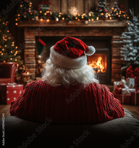Back of Santa Claus sitting on an armchair facing a warm Christmas Eve decorated tree and open fire background.
