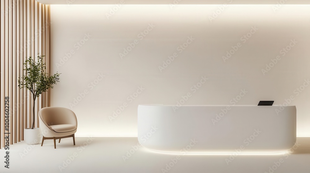 Sleek clinic reception area with minimalist furniture, neutral walls, and soft lighting, Clinic interior, calm and professional Sleek clinic reception area with minimalist furniture, neutral walls, and soft lighting, Clinic interior, calm and professional