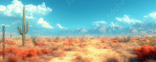 Arizona desert, cacti and mountains in the background, cinematic, vintage style, pastel color palette, ultra-realistic, hyper-detailed, cinematic shot.