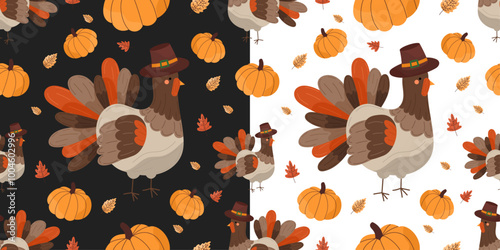 Thanksgiving pattern set with pilgrim turkeys, pumpkins and autumn leaves on dark and light backgrounds. Cute animal turkey -  symbol cozy home Thanksgiving holiday. For Thanksgiving decor, gift wrap.