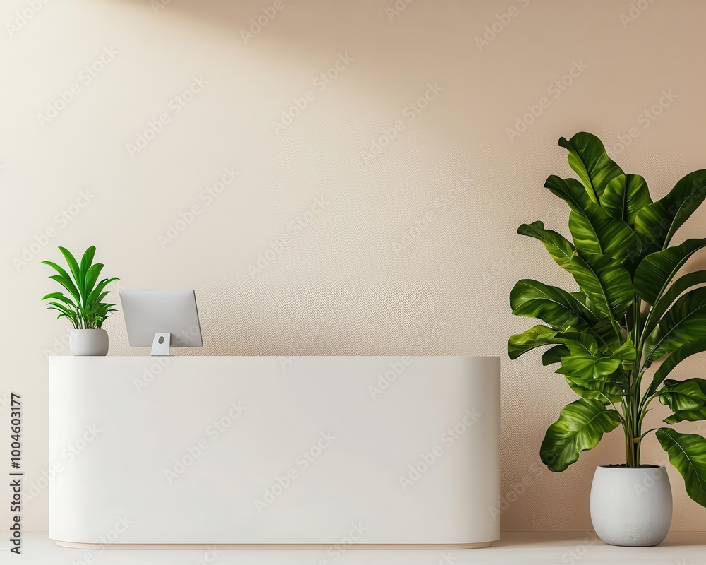Modern clinic reception with a sleek white desk and minimalist seating, neutral tones, and natural lighting, Clinic interior, professional and simple