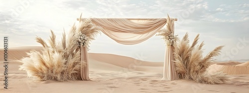 Chic Desert Wedding Arch with Beige Fabric and Dried Palm Leaves. photo