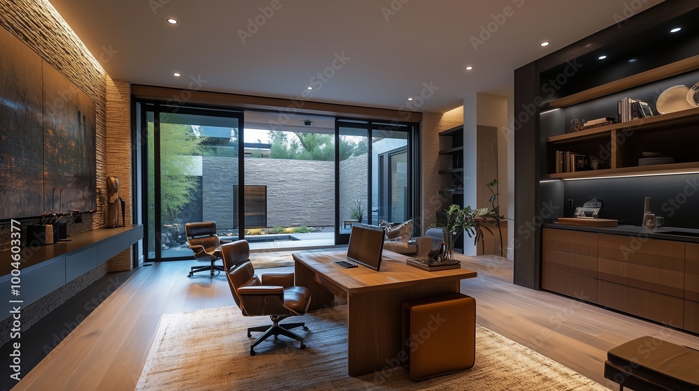 Modern home office with sleek furniture and large windows overlooking a serene outdoor space Modern home office with sleek furniture and large windows overlooking a serene outdoor space