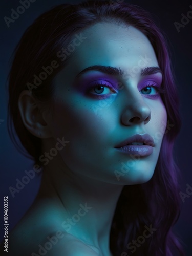 A woman's face is lit by purple and blue hues.