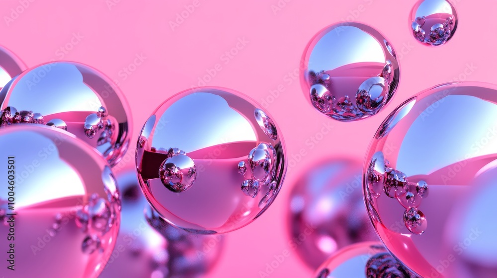 Metallic spheres floating on pink background reflecting each other Metallic spheres floating on pink background reflecting each other