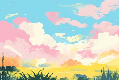 Off-white sky grassland outdoors painting.