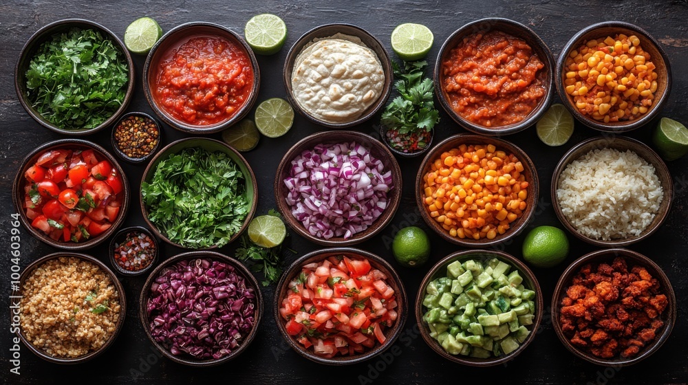 Festive Table Overhead View of Delicious Mexican Tacos and Side Dishes Perfect for Celebrations Festive Table Overhead View of Delicious Mexican Tacos and Side Dishes Perfect for Celebrations