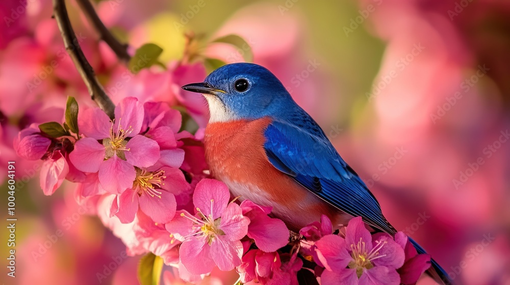 A bluebird perched among pink blossoms. A bluebird perched among pink blossoms.