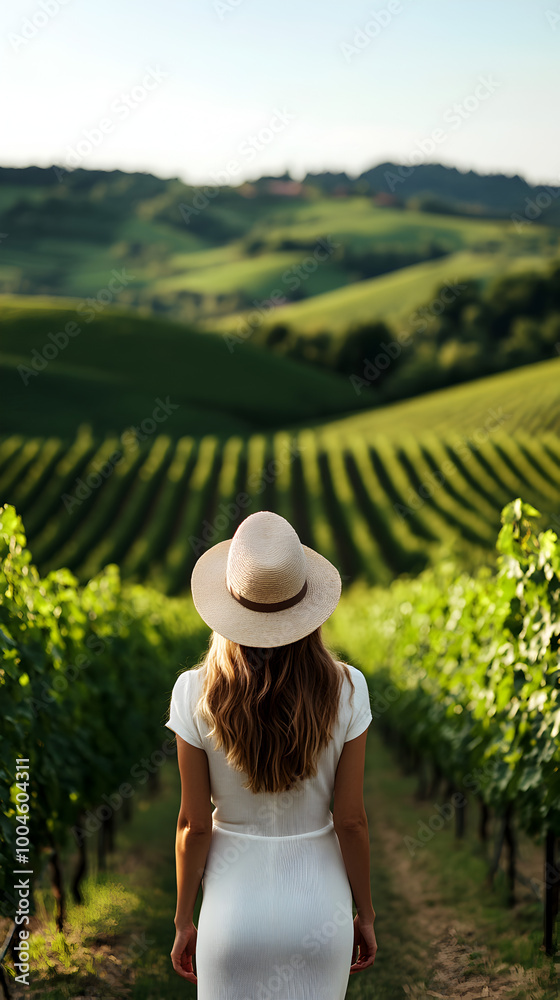 Fototapeta premium A beautiful woman enjoying a day in a vineyard, her casual yet elegant outfit blending seamlessly with the picturesque landscape. Woman in a vineyard.