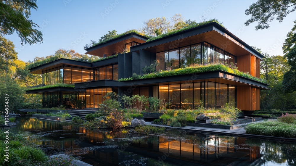 Modern architectural design with lush greenery and water features. Modern architectural design with lush greenery and water features.