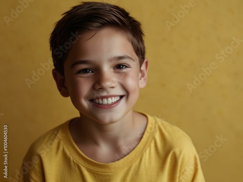 A young boy smiles and poses against a bright yellow background.