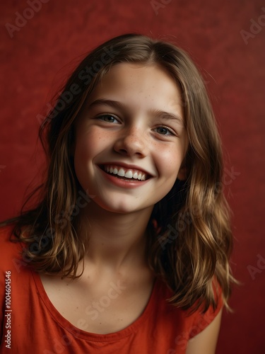 A young girl beaming joyfully against a bold red background.