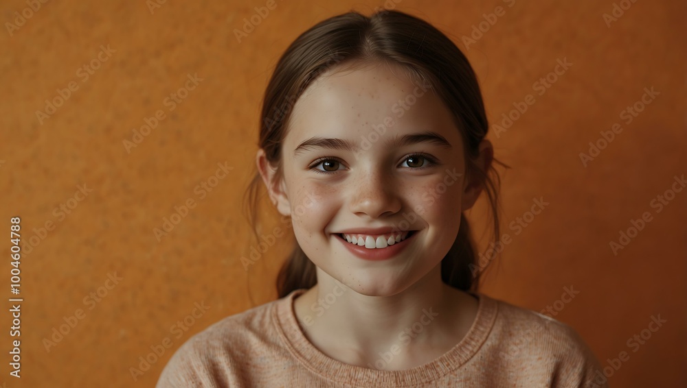 A young girl smiles brightly against an orange background. A young girl smiles brightly against an orange background.
