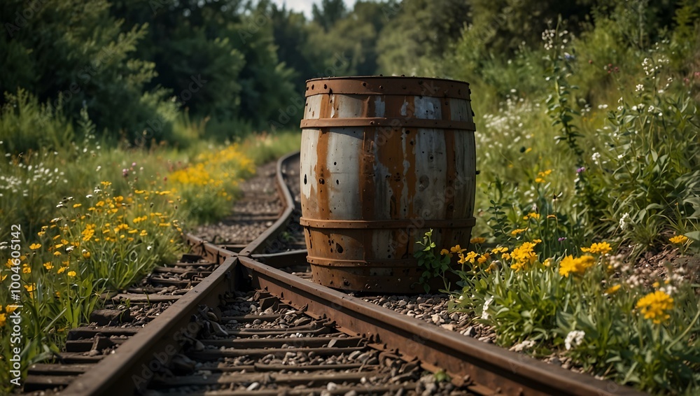 Abandoned metal barrel on railway tracks overgrown with wildflowers. Abandoned metal barrel on railway tracks overgrown with wildflowers.