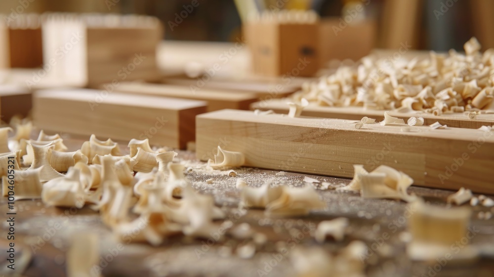 Wood Shavings and Handcrafted Joinery in Workshop Wood Shavings and Handcrafted Joinery in Workshop