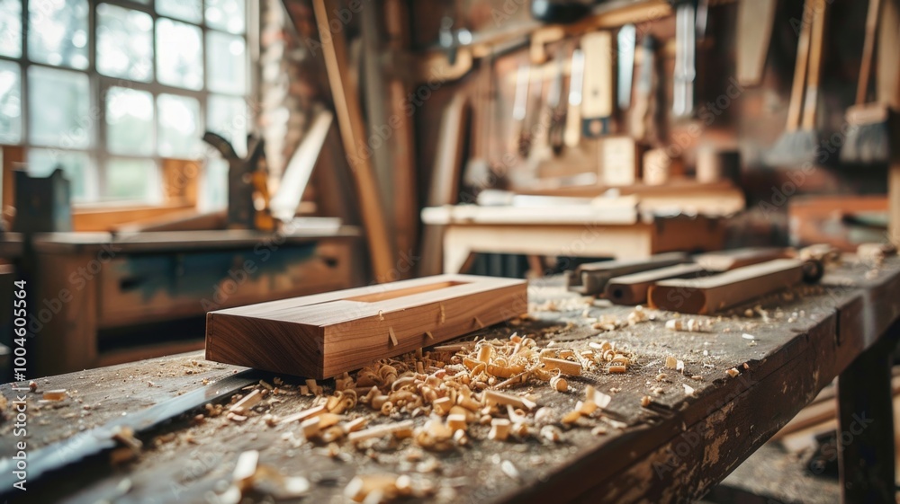 Wood Shavings and Handcrafted Joinery in Workshop Wood Shavings and Handcrafted Joinery in Workshop