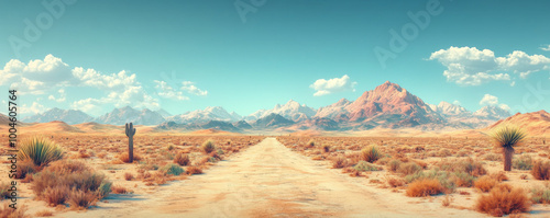 Arizona desert, cacti and mountains in the background, cinematic, vintage style, pastel color palette, ultra-realistic, hyper-detailed, cinematic shot.