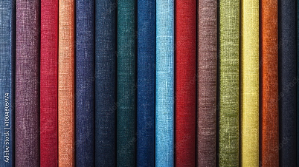 A row of colorful fabric rolls, each with a different pattern A row of colorful fabric rolls, each with a different pattern