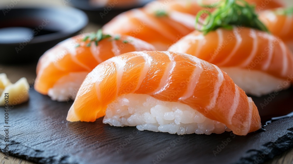 A close-up of salmon nigiri sushi on a slate plate, highlighting the glossy salmon slice over the rice, with a side of soy sauce and fresh herbs for an elegant presentation A close-up of salmon nigiri sushi on a slate plate, highlighting the glossy salmon slice over the rice, with a side of soy sauce and fresh herbs for an elegant presentation