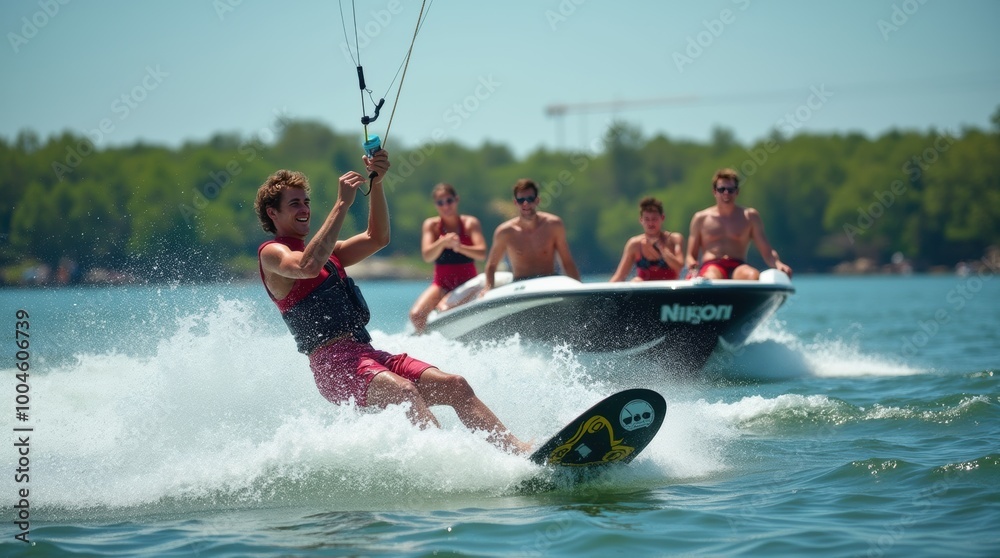 Obraz premium Friends enjoying a summer day on the lake while wakeboarding and showcasing tricks behind a boat