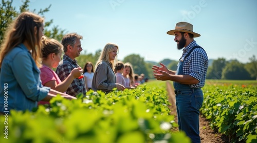 A diverse group of farmers guides visitors through vibrant rows of crops on a sunny day at the local farm photo