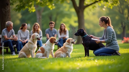 Dog owners and their pets participate in a behavior workshop in a sunny park on a beautiful day photo