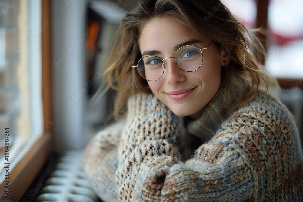 Beautiful young woman wearing glasses and a cozy sweater, smiling and leaning on the radiator for warmth indoors. Beautiful young woman wearing glasses and a cozy sweater, smiling and leaning on the radiator for warmth indoors.