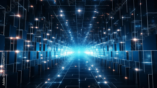 Futuristic technology network concept with interconnected digital nodes, representing the flow of information in a global system .