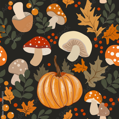 Children's autumn seamless pattern with pumpkins and mushrooms on a dark background. Perfect for textiles and paper.