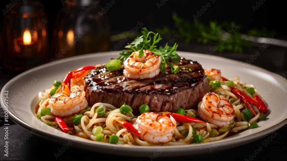 Delicious steak with noodles and shrimp. Delicious steak with noodles and shrimp.