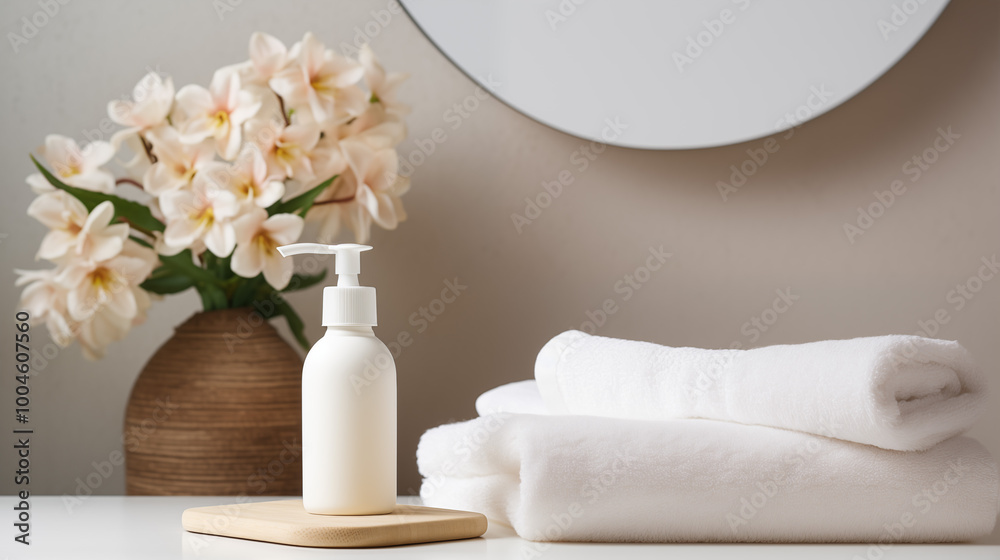 Stylish spa setting with neatly rolled clean towels and serene water features. Stylish spa setting with neatly rolled clean towels and serene water features.
