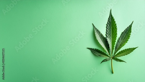 Leaf of cannabis on light green background, medical us