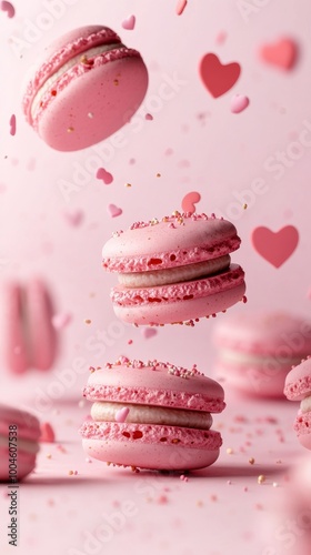 Pink macarons floating with sprinkles on pink background