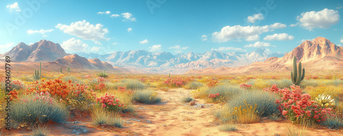 Arizona desert, cacti and mountains in the background, cinematic, vintage style, pastel color palette, ultra-realistic, hyper-detailed, cinematic shot.