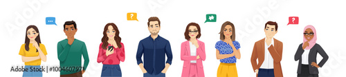 Thoughtful people set vector illustration. Group of men and women thinking, planning or pondering with question bubbles