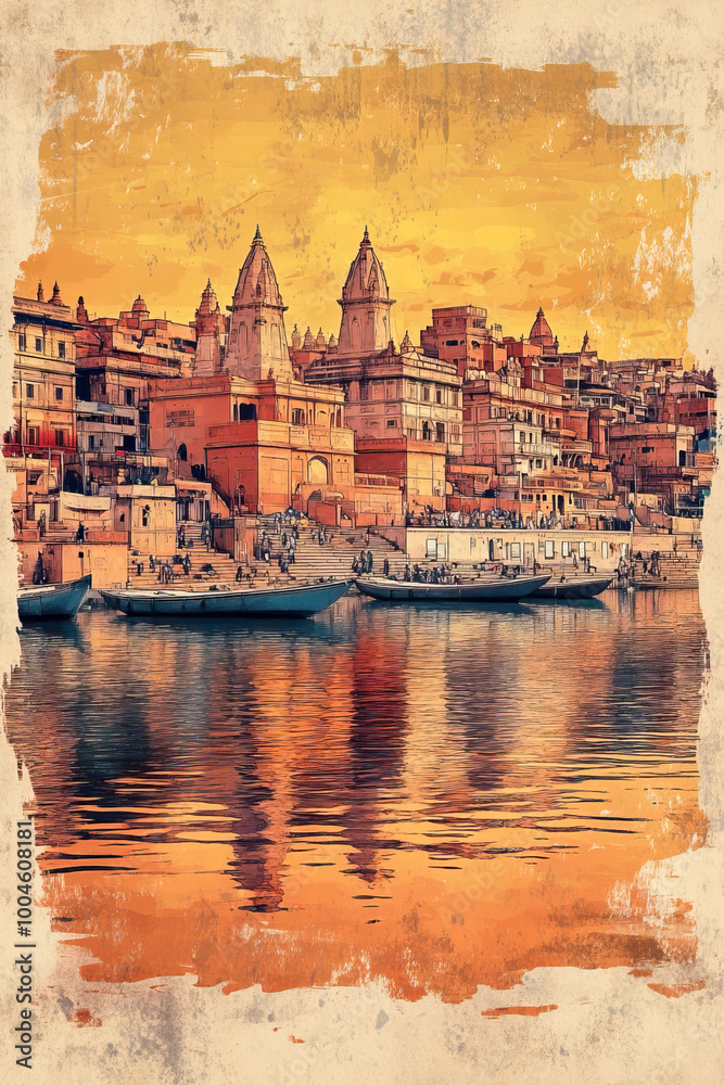 Obraz premium Varanasi, India, color pen pencil hand-drawn effect drawing illustration for travel poster, card, wallpaper, backdrop or banner. Modern, clear, artistic and simple
